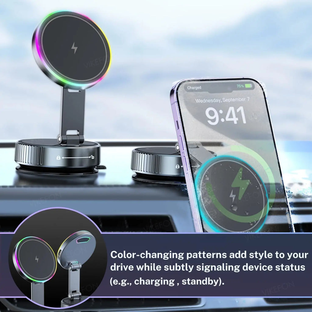 Soporte para Auto con Cargador Inalámbrico y Enfriamiento - Luz RGB Respiratoria - Sujeción Magnética - Para iPhone 12/13/14/15/16 - Soporte Teléfono Coche