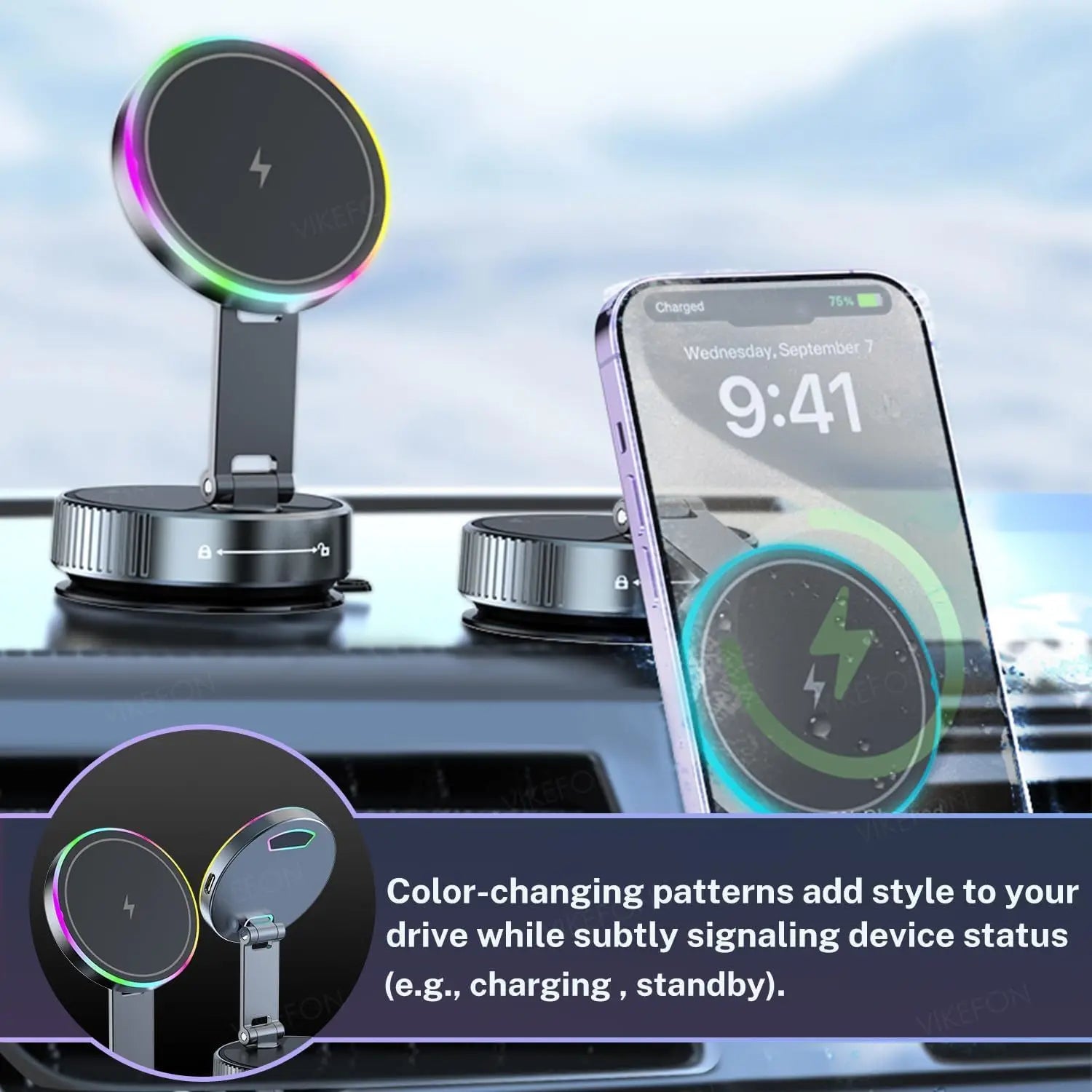 Soporte para Auto con Cargador Inalámbrico y Enfriamiento - Luz RGB Respiratoria - Sujeción Magnética - Para iPhone 12/13/14/15/16 - Soporte Teléfono Coche