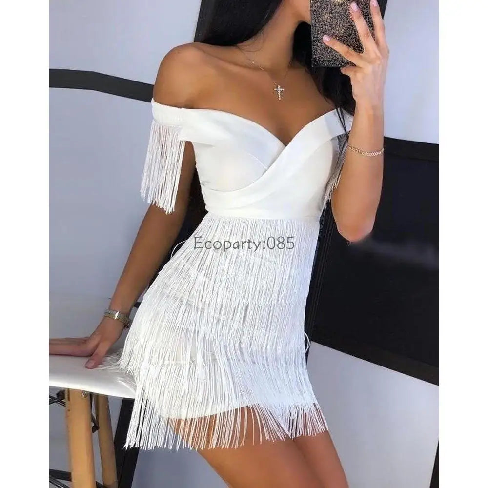 Vestido de fiesta mujer – sexy, escote en V, un hombro y falda con flecos