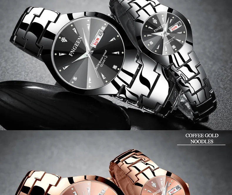 Set de relojes FNGEEN 5808 para parejas – cuarzo, lujo y resistente al agua