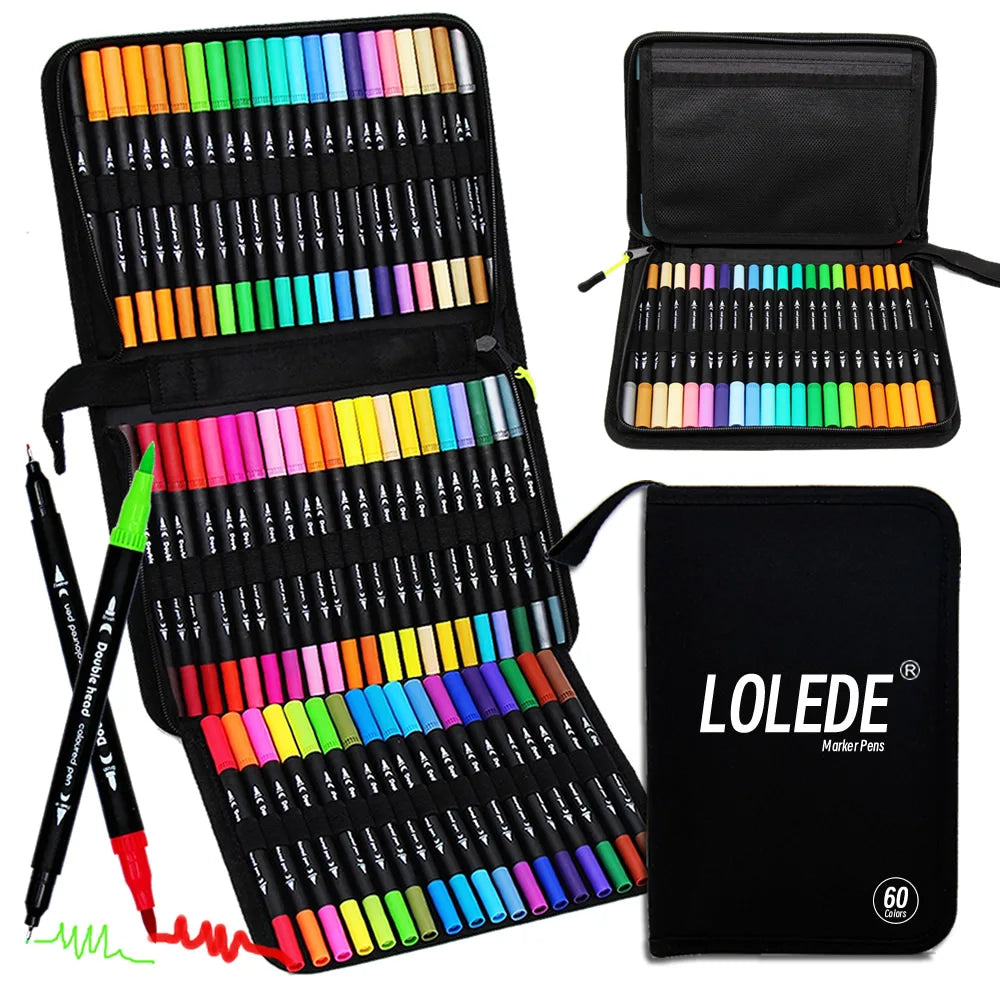 Set de 60 marcadores doble punta LOLEDE – colores vibrantes para dibujo y escritura
