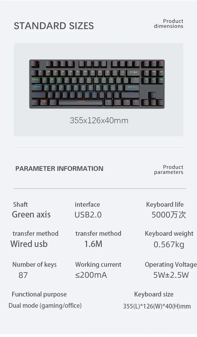 Teclado mecánico gamer retroiluminado – USB, compacto y ergonómico