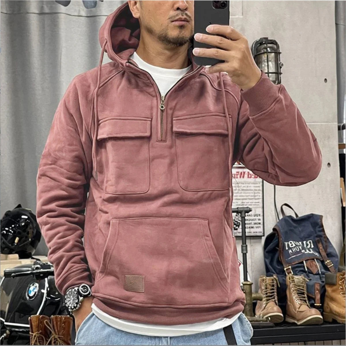 Hoodie casual otoño-invierno – sólido, patchwork y multi-bolsillos para jóvenes