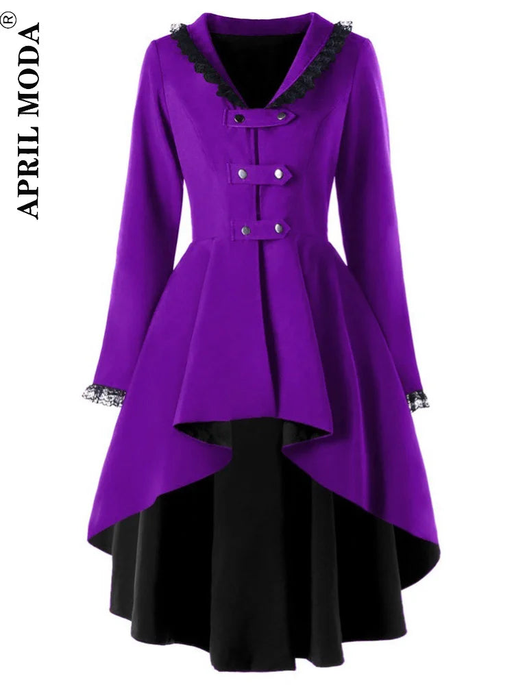 Abrigo mid-length mujer – trench asimétrico con encaje, patchwork y cinturón negro