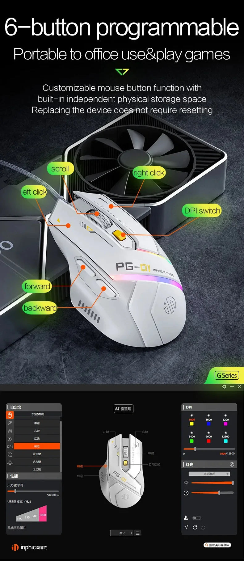 Mouse gaming Inphic PG1 con cable – iluminación RGB y diseño ergonómico