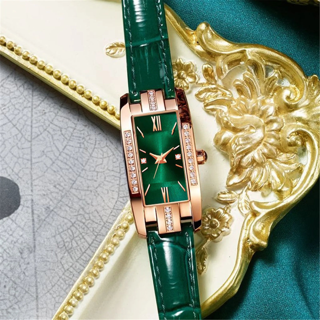 Reloj mujer lujo – diseño rectangular pequeño con cristales verdes y correa de cuero