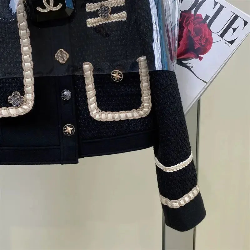 Blazer mujer de tweed grueso – chaqueta elegante con cuello clásico y contraste de colores